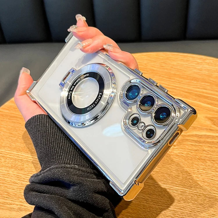 Luxury Magnetic Plating Stand Shockproof Clear Case For Samsung Galaxy S25 S24 Ultra S23 S22 Note 20 10 Plus Acrylic Back Cover