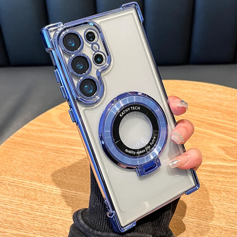 Luxury Magnetic Plating Stand Shockproof Clear Case For Samsung Galaxy S25 S24 Ultra S23 S22 Note 20 10 Plus Acrylic Back Cover