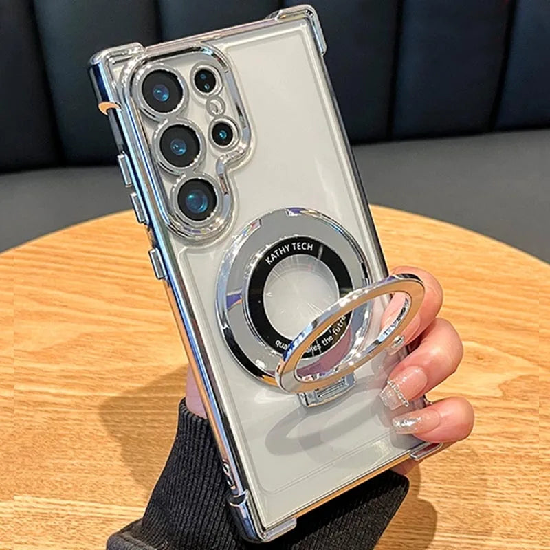 Luxury Magnetic Plating Stand Shockproof Clear Case For Samsung Galaxy S25 S24 Ultra S23 S22 Note 20 10 Plus Acrylic Back Cover