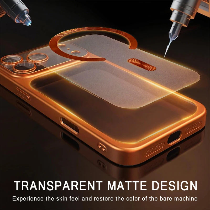 Luxury Plating Matte Transparent Magnetic Wireless Charge Case For iPhone 13/14/15/16/17 Pro Max Air Plus Shockproof Clear Cover