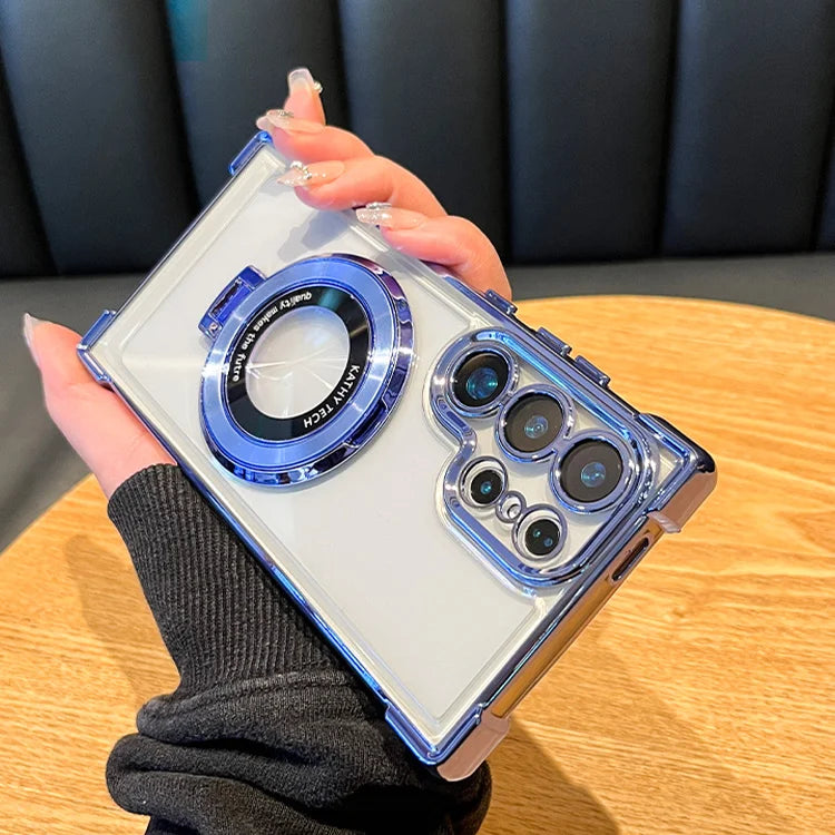 Luxury Magnetic Plating Stand Shockproof Clear Case For Samsung Galaxy S25 S24 Ultra S23 S22 Note 20 10 Plus Acrylic Back Cover