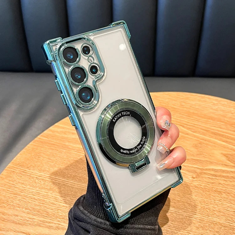 Luxury Magnetic Plating Stand Shockproof Clear Case For Samsung Galaxy S25 S24 Ultra S23 S22 Note 20 10 Plus Acrylic Back Cover